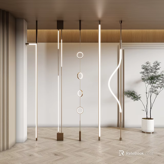 Modern Lighting Combinations With Hanging Linear Circular And Curved Lamps For Interior Space 3d model