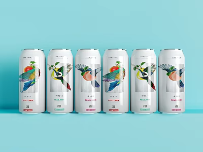Six Beverage Cans With Colorful Bird And Fruit Designs On Light Blue Background 3d model