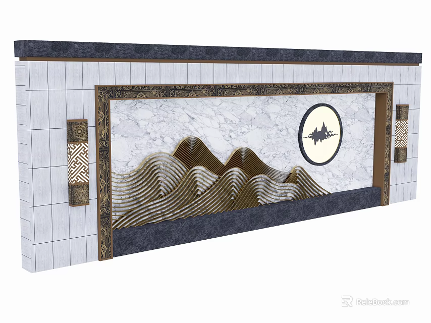 Chinese Style Tile Wall Decor With Wavy Mountain Pattern Circular Design And Frame 3d model