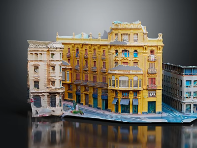 Yellow Residential Building Model Featuring Different Style Structures Street Scene Balconies and Windows 3d model