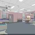 Modern Operating Room Interior With Pink Walls Blue Flooring Surgical Tables And Medical Equipment
