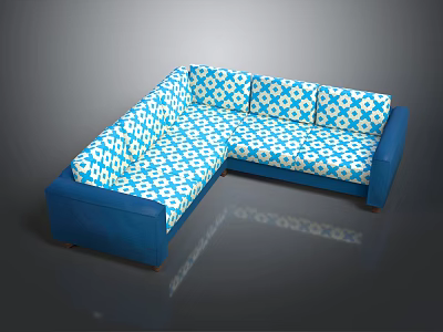 L shaped Sectional Sofa with Blue Frame and White Diamond Pattern Upholstery for Modern Living Room 3d model