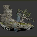 Cartoon Scene With Stone Tower Spiral Staircase Big Tree Green Grass And Colorful Mushrooms