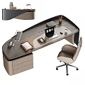 Modern Office Desk Setup With Beige Chair Desk Lamp Laptop Coffee Cup And Drawers