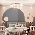 Pink And Gray Kids Room With Circular Decor Bed Stuffed Toys Bookshelf And Chandelier