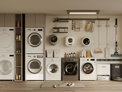 Various Washing Machines with Cleaning Tools and Detergent Bottles in a Row 3d model