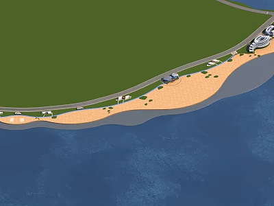 Scenic Park Landscape With Green Lawn Walking Path Sandy Beach And Waterfront View 3d model