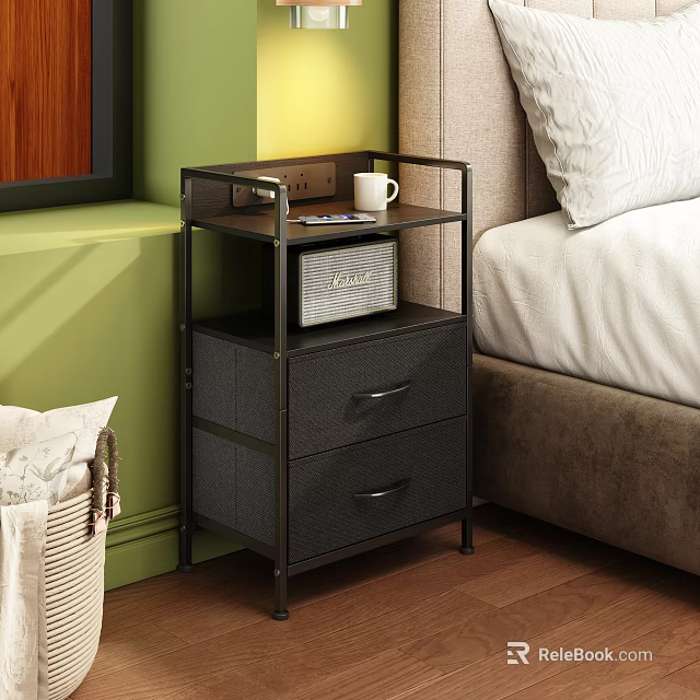 Bedroom Black Storage Cabinet With Drawers Shelf White Cup And Woven Basket On Wooden Floor 3d model 