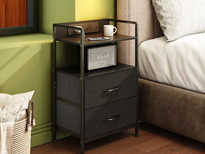 Bedroom Black Storage Cabinet With Drawers Shelf White Cup And Woven Basket On Wooden Floor 3d model