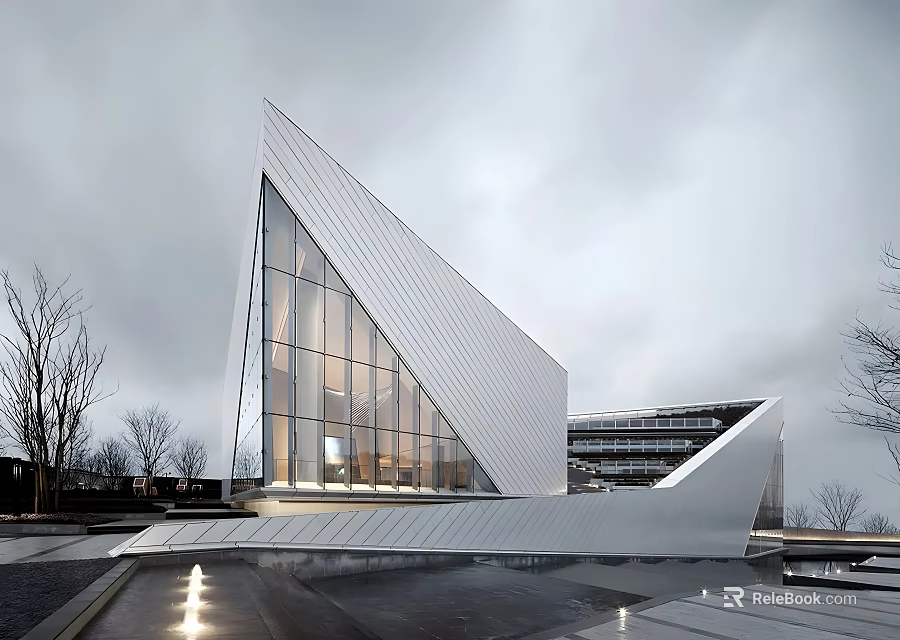 Modern Geometric Sales Office Building With Sloped Glass Facade White Exterior And Outdoor Setting 3d model 