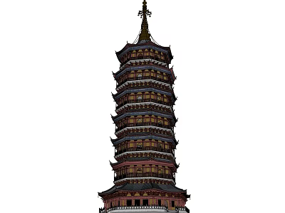 Traditional Chinese Pagoda With Multiple Stories Red Gold Brown Colors And Decorative Spire 3d model