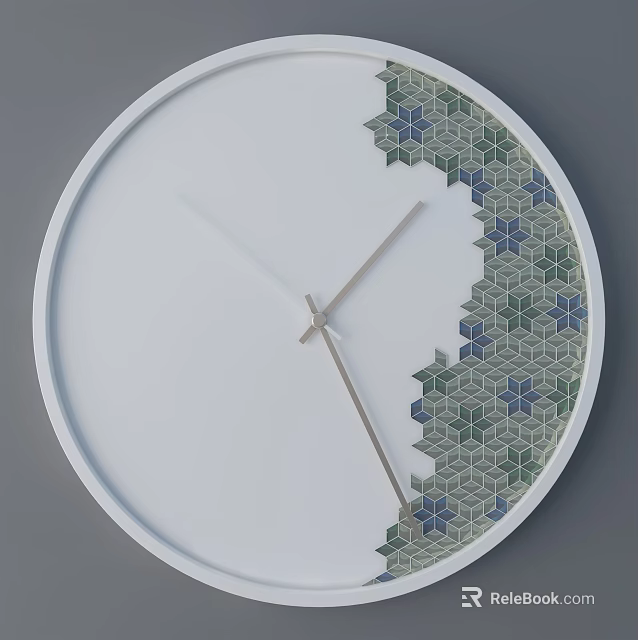 Round Modern Clock With White Dial Partial Green And Blue Geometric Pattern And Silver Hands 3d model 