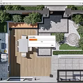 Modern Courtyard Garden With Wooden Deck Outdoor Dining Table Stone Pavement And Circular Green Plants Design