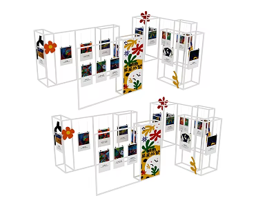Modern Art Installation Featuring Modular Display Stands with Art Photos and Floral Designs 3d model