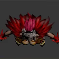 Game and Movie Character in Red and Gold Feather Decorated Outfit with Headdress and Stockings