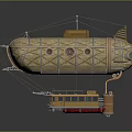 Vintage Airship With Wooden Structure Metal Frame Round Windows And Attached Carriage