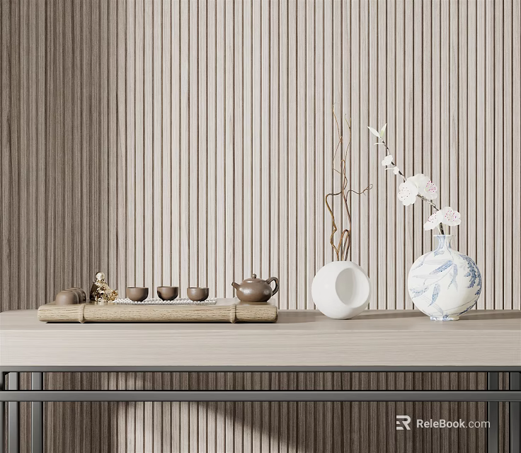 Traditional Tea Set with Teapot Small Cups on Wooden Tray and White Vase Flowers 3d model 