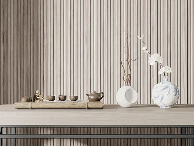 Traditional Tea Set with Teapot Small Cups on Wooden Tray and White Vase Flowers 3d model