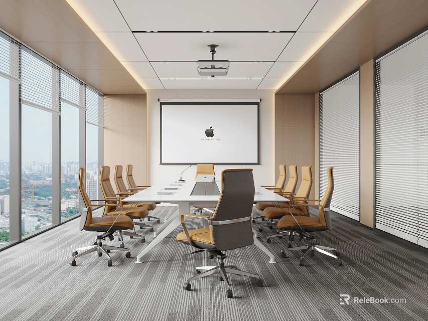 Modern Conference Room With Large Windows Projection Screen Conference Table Chairs And City View 3d model 
