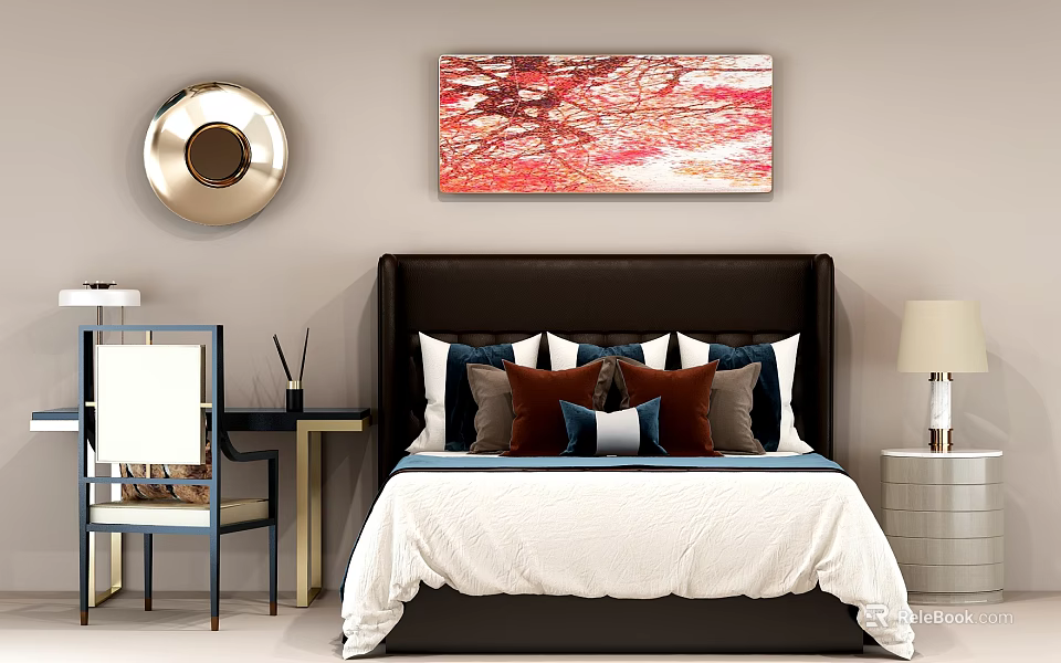 Modern Bedroom Double Bed With Dark Headboard Colorful Pillows And Abstract Painting 3d model 