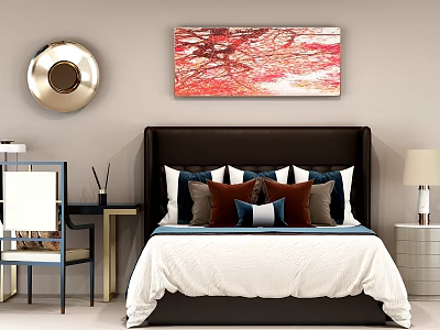 Modern Bedroom Double Bed With Dark Headboard Colorful Pillows And Abstract Painting 3d model