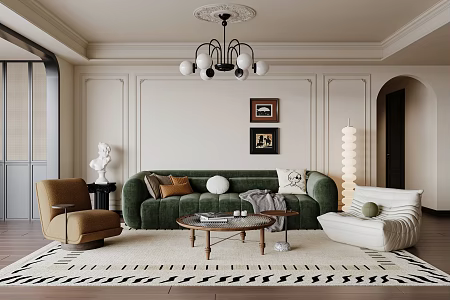 French living room single sofa multi-person sofa floor lamp coffee table carpet 3d model