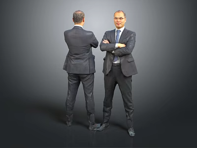 Two suited men one facing front with crossed arms and one behind against gray background 3d model