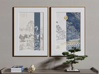 Chinese Style Wall Decor With Paintings Mountain Scenes Moon Pine Tree And Potted Plant 3d model