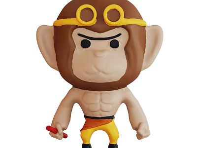Cartoon Style Monkey Sculpture With Yellow Goggles Muscular Body And Red Staff 3d model