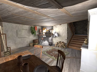 Traditional Rustic Building Interior With Wooden Ceiling Stone Walls Fireplace And Staircase 3d model