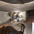 Traditional Rustic Building Interior With Wooden Ceiling Stone Walls Fireplace And Staircase
