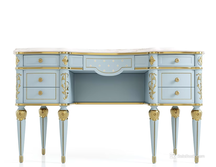 Light Blue Dressing Table With Gold Accents Carved Legs And Elegant Design 3d model 