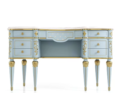 Light Blue Dressing Table With Gold Accents Carved Legs And Elegant Design 3d model