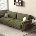 Green Two-seater Sofa with Pillows Side Table Books and Blinds in Living Room Interior