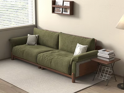 Green Two-seater Sofa with Pillows Side Table Books and Blinds in Living Room Interior 3d model