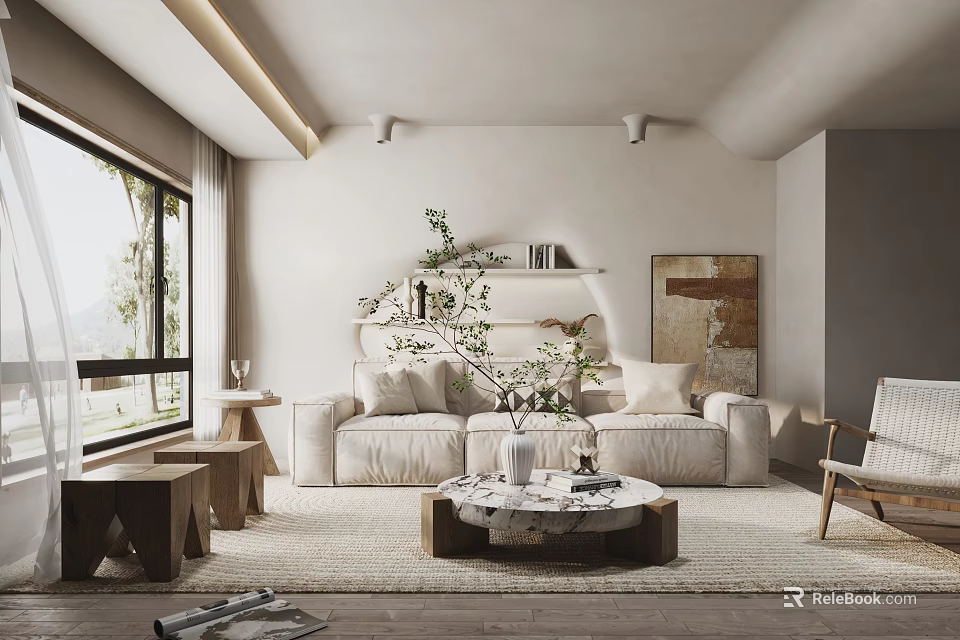 Modern Living Room Interior Design With White Walls Large Window Sofa Coffee Table And Plant 3d model 