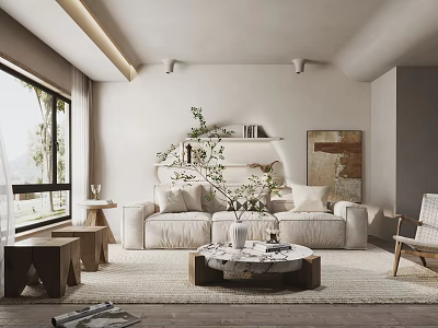 Modern Living Room Interior Design With White Walls Large Window Sofa Coffee Table And Plant 3d model
