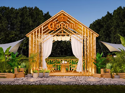 Scenic Glamping Site Featuring Wooden Pavilion White Curtains Green Plants Outdoor Seating And Lush Trees 3d model