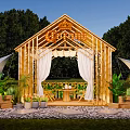 Scenic Glamping Site Featuring Wooden Pavilion White Curtains Green Plants Outdoor Seating And Lush Trees