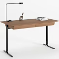Minimalist Modern Wooden Desk Interior With Black Desk Lamp Deer Figurine And Stack Of Books