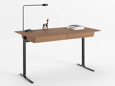 Minimalist Modern Wooden Desk Interior With Black Desk Lamp Deer Figurine And Stack Of Books 3d model