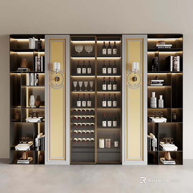 Modern Wine Cabinet Displaying Wine Bottles And Glasses With Gold Accents Black Frame Built-in Lighting 3d model 