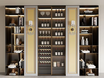 Modern Wine Cabinet Displaying Wine Bottles And Glasses With Gold Accents Black Frame Built-in Lighting 3d model