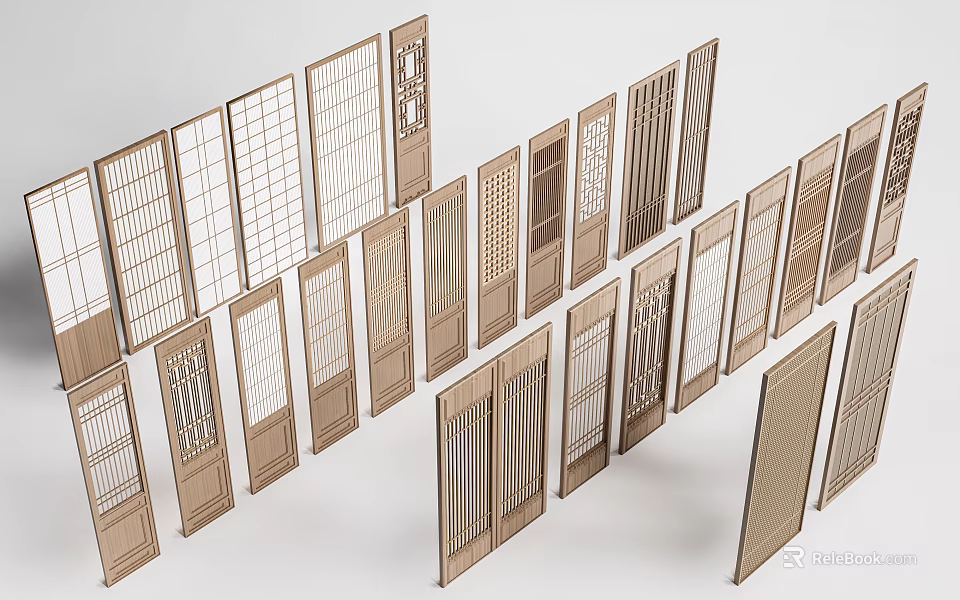 Assorted Wooden Partition Screens With Various Grille Patterns And Designs 3d model