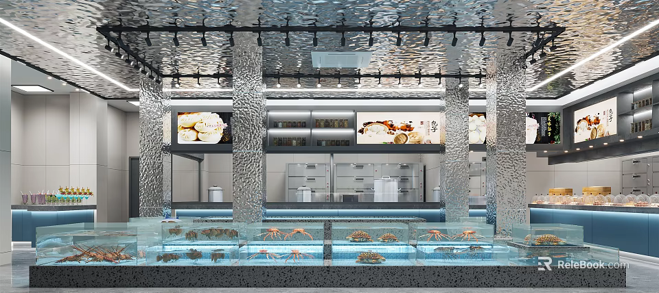 Modern Seafood Restaurant Interior With Glass Display Counters And Fresh Seafood 3d model 