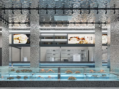 Modern Seafood Restaurant Interior With Glass Display Counters And Fresh Seafood 3d model