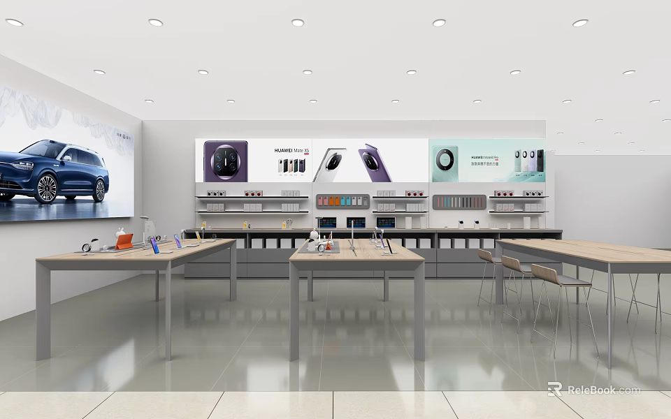 Modern Mall Electronics Store With Large Screen Displays Product Shelves And Tables 3d model 