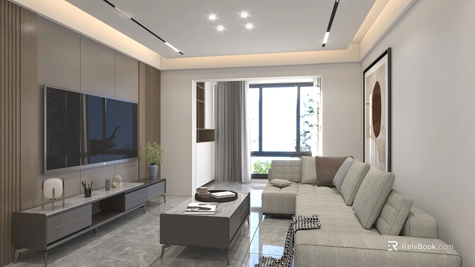 Modern Minimalist Living Room Interior Design With Cozy Sectional Sofa And Large Bright Window 3d model 