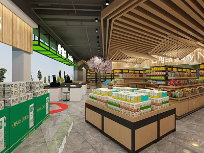 Bright Modern Supermarket with Spacious Layout Shelves Full of Various Products and Checkout Counter 3d model