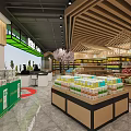 Bright Modern Supermarket with Spacious Layout Shelves Full of Various Products and Checkout Counter